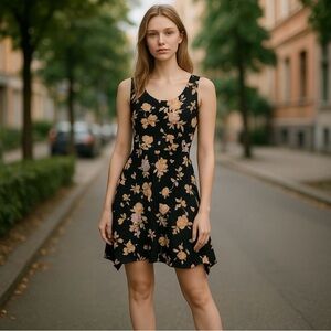 Pact Twilight Pink Floral Black Dress - Size Large